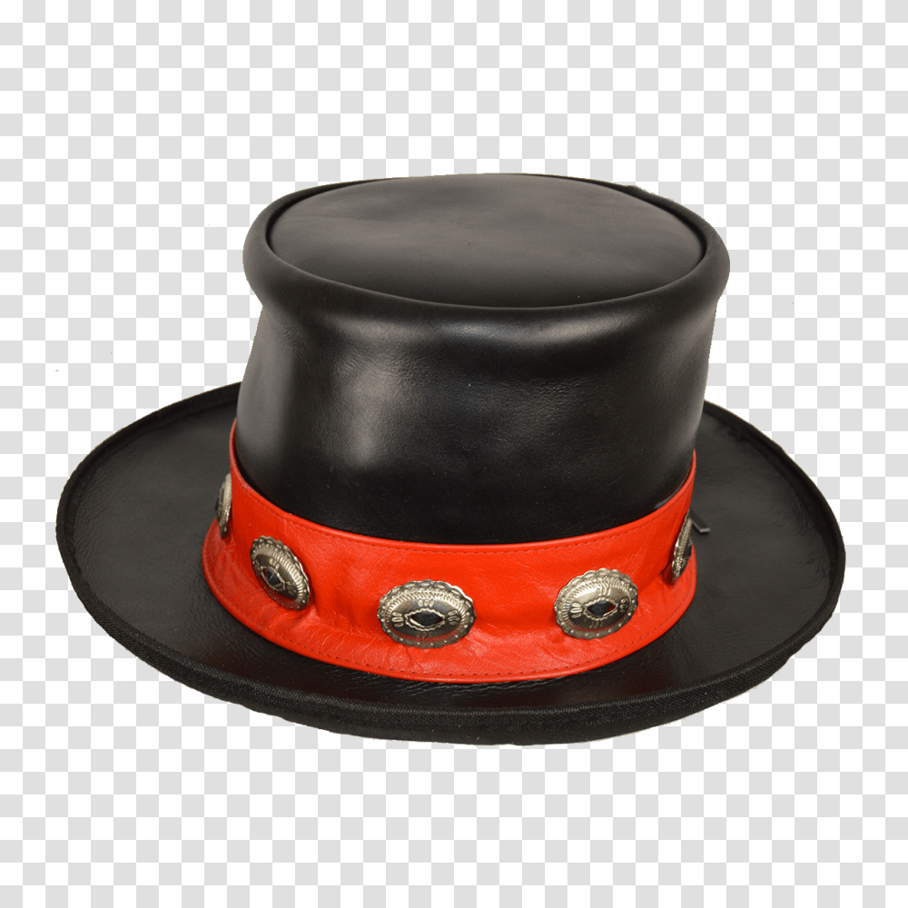 Mens Black Leather Mad Hatter Top Hat With Red Stripe And Conchos, Apparel, Sun Hat, Helmet Transparent Png