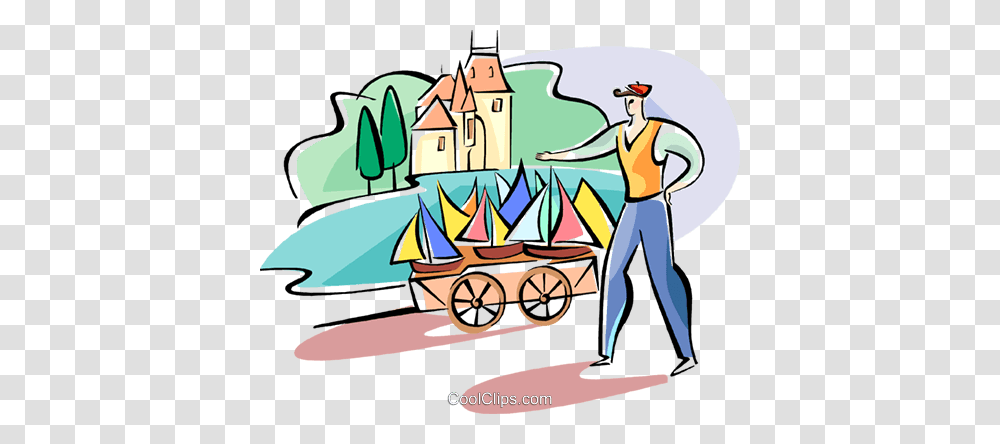 Merchant Selling Toy Boats Royalty Free Vector Clip Art, Person, Outdoors, Transportation, Drawing Transparent Png