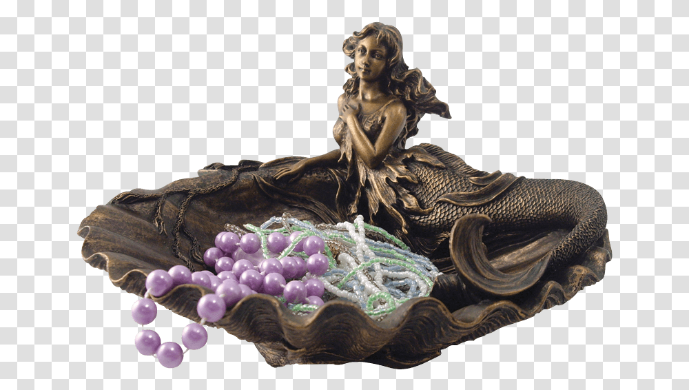 Mermaid And Clam Shell Dish Bronze Sculpture, Figurine, Crystal, Snake Transparent Png