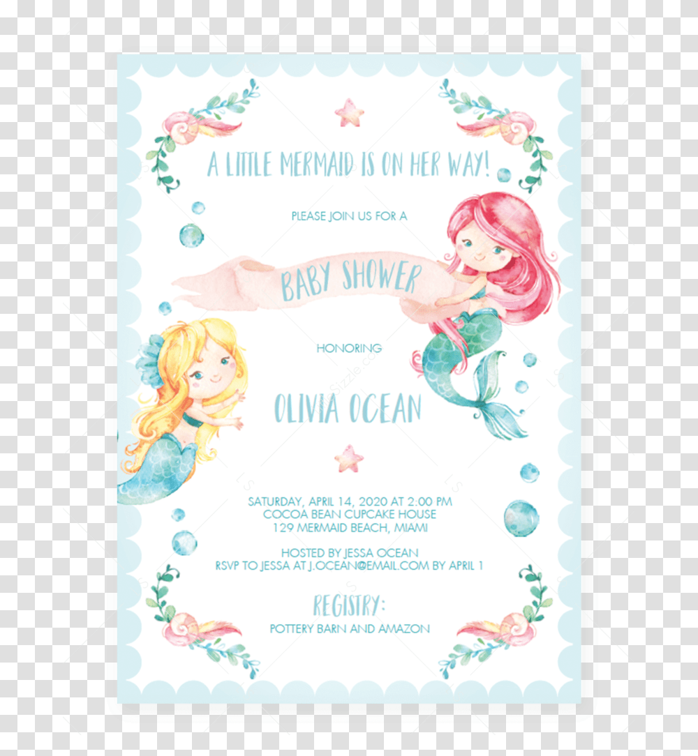Mermaid Under The Sea Baby Shower Invitation Template Baby Shower Invitation Mermaid, Flyer, Poster, Paper, Advertisement Transparent Png