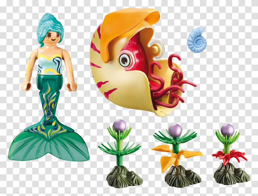 Mermaid With Sea Snail Gondola Playmobil Mermaid, Figurine, Person, Human, Toy Transparent Png
