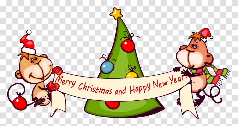 Merry Christmas With Monkeys Clipart Image, Tree, Plant, Star Symbol, Ornament Transparent Png