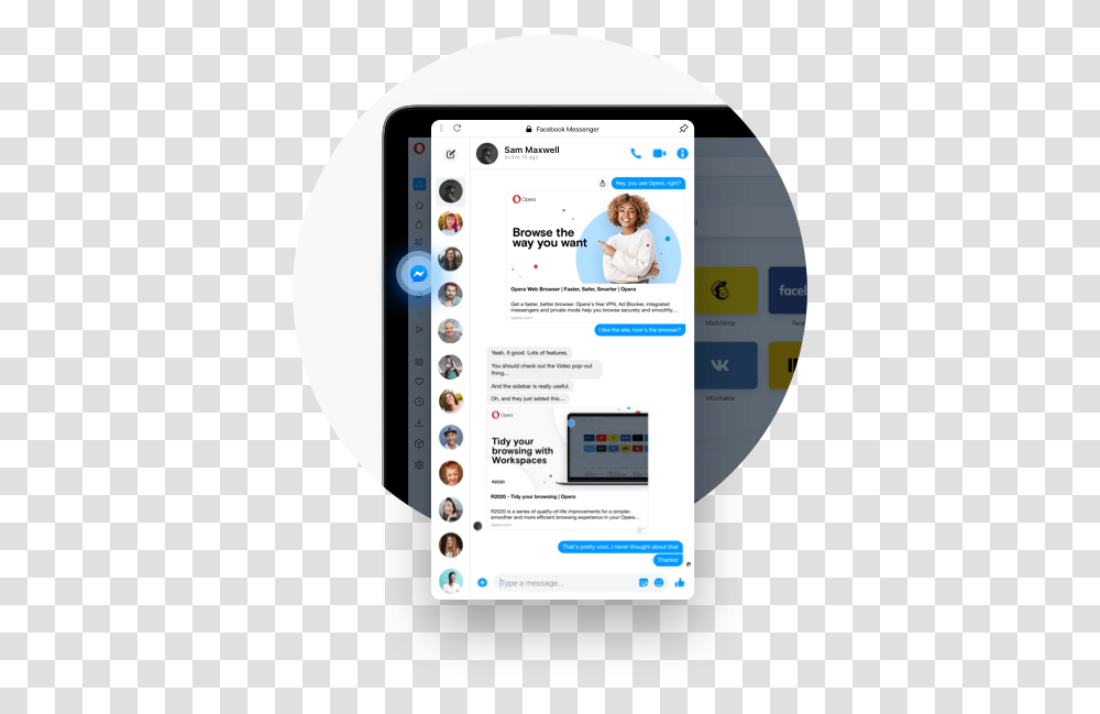 Messengers In The Sidebar Whatsapp Facebook Messenger Opera Browser Messenger, Computer, Electronics, Person, Human Transparent Png