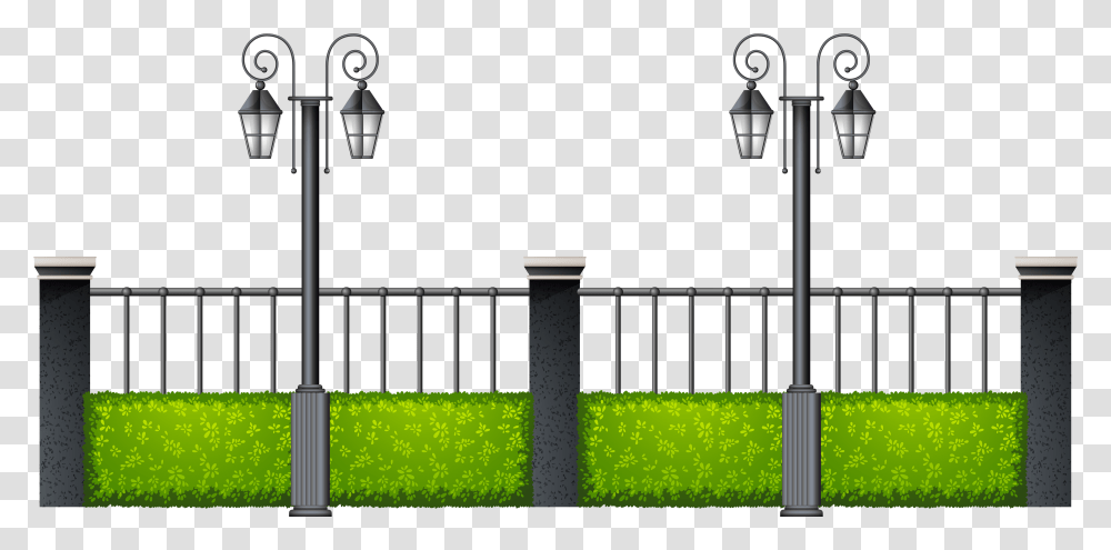 Metal Fence With Streetlights Clipart Metal Fence Clipart, Lighting, Lamp Post, Railing, Building Transparent Png