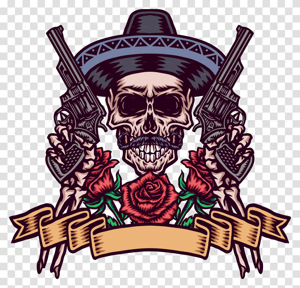 Mexican Skull With Guns, Pirate, Poster, Advertisement, Symbol Transparent Png