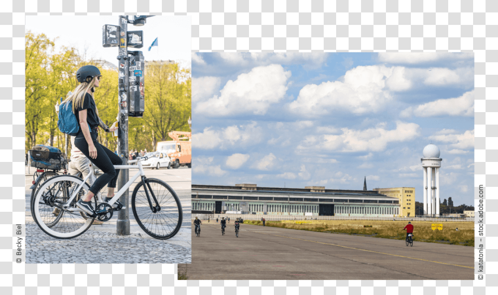 Mianzi Rei On Her Bike And A Picture Of The Tempelhofer Hybrid Bicycle, Vehicle, Transportation, Person, Wheel Transparent Png