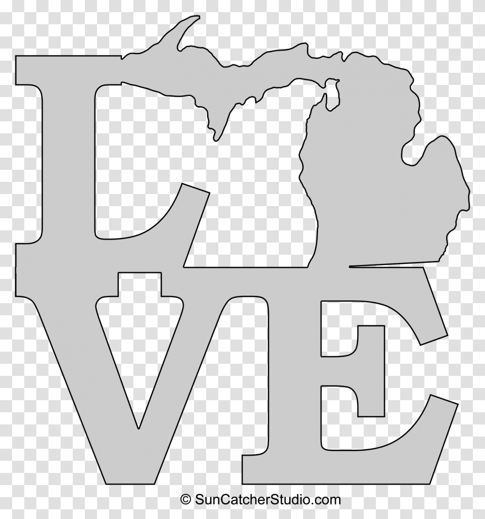 Michigan Love Map Outline Scroll Saw Line Art, Stencil, Text, Alphabet, Symbol Transparent Png