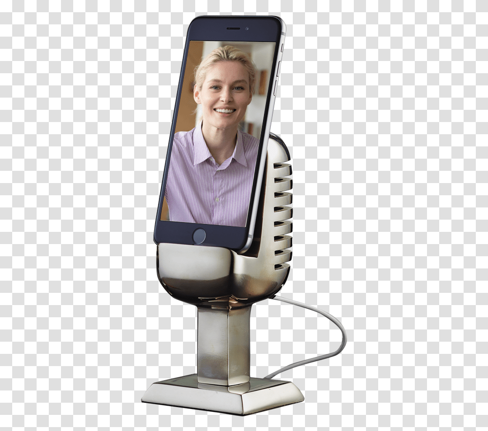 Microphone Phone Stand Smartphone, Mobile Phone, Electronics, Person, Screen Transparent Png