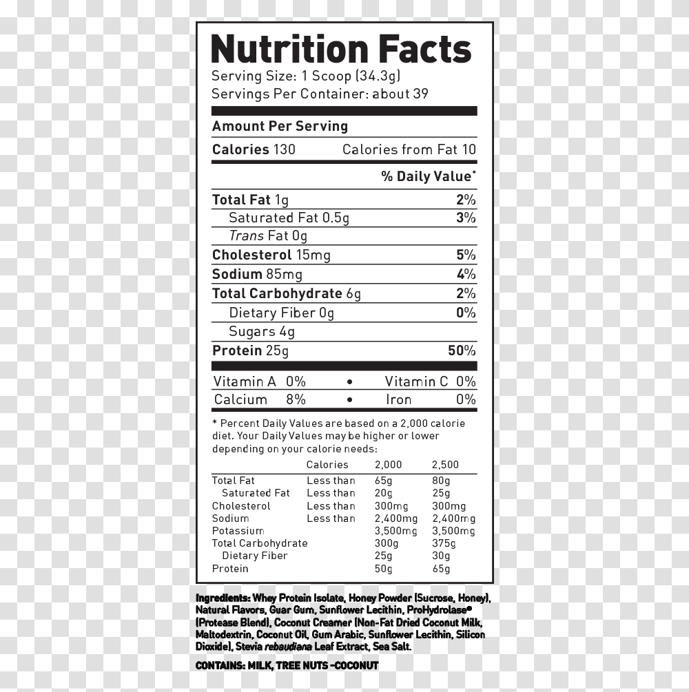 Micropure Whey Protein IsolateClass Califia Farms Coconut Milk Nutrition, Label, Word, Number Transparent Png