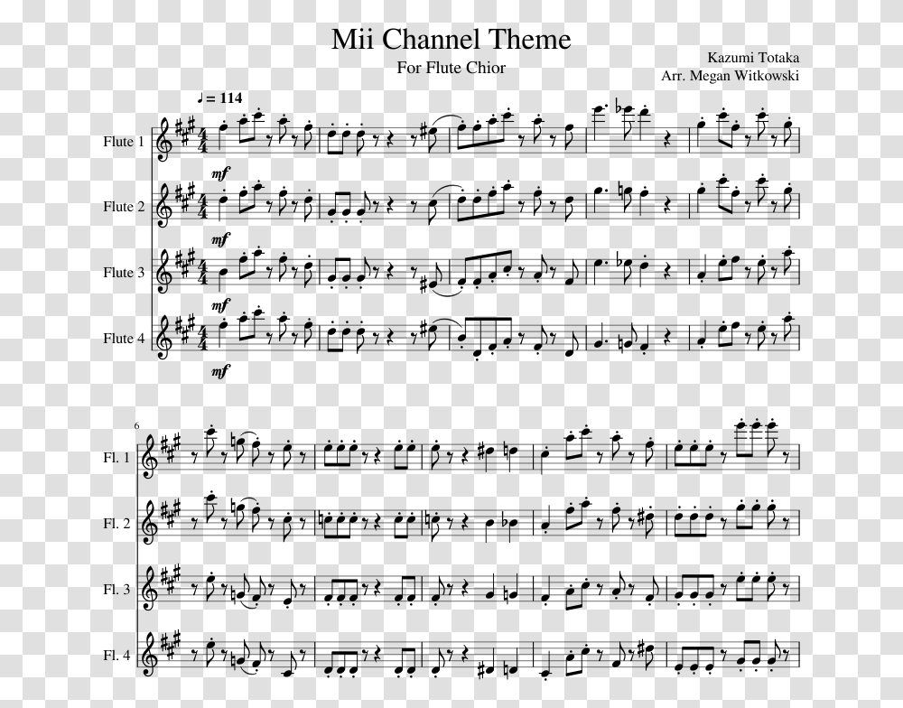 Mii Mii Channel Theme Flute Sheet Music, Gray, World Of Warcraft Transparent Png