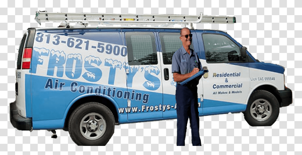 Mike Pearman Standing By A Frostys Air Conditioning Air Conditioning Truck, Person, Human, Van, Vehicle Transparent Png