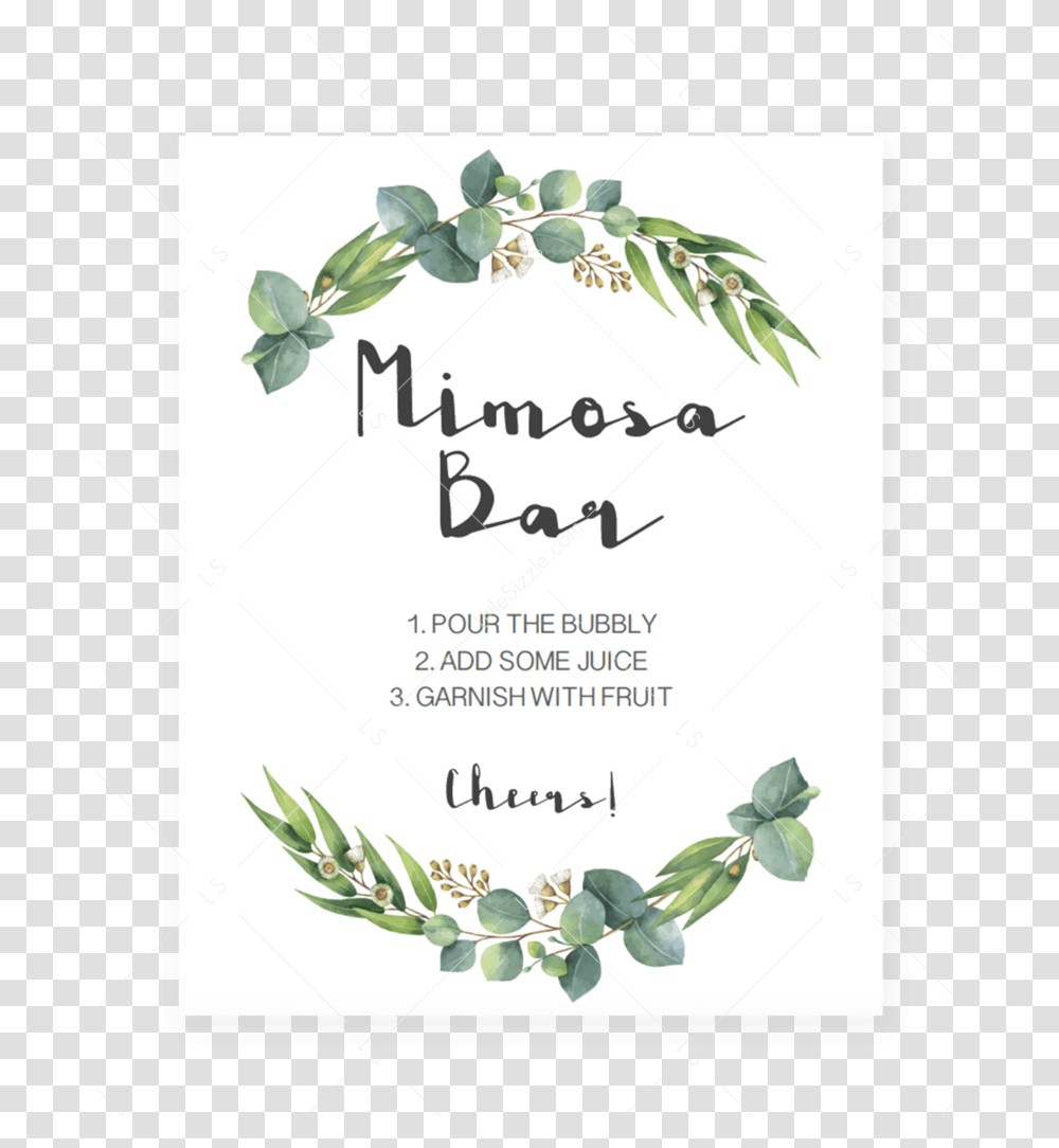 Mimosa Bar Sign Printable With Watercolor Green Leaves Wedding Invitation Word Template, Potted Plant, Vase, Jar, Pottery Transparent Png