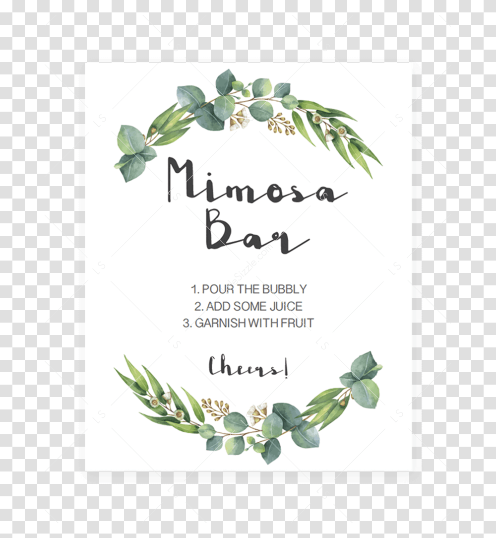 Mimosa Bar Sign Printable With Watercolor Leaves By Free Watercolor Leaves, Plant, Potted Plant, Vase, Jar Transparent Png