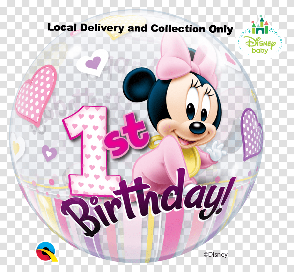 Minnie Mouse 1st Birthday Bubble Balloon Cartoon, Purple, Sphere, Birthday Cake, Dessert Transparent Png