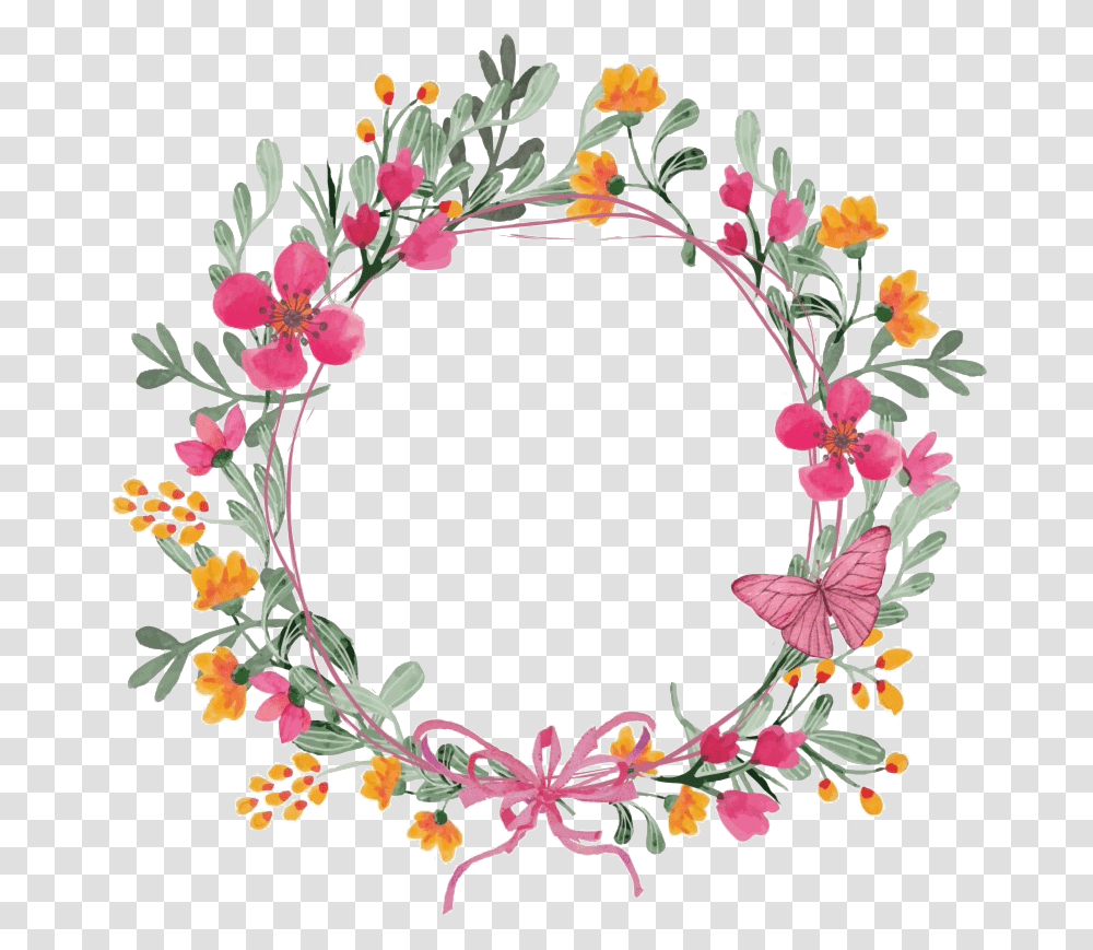 Modern Floral Garland Clipart Flower And Butterfly Wreath, Floral Design, Pattern, Graphics, Plant Transparent Png