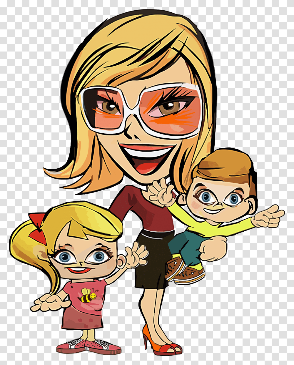 Mom And Two Kids Caricature Icons, Person, Human, People, Sunglasses Transparent Png