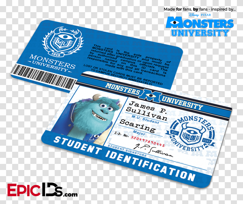 Monsters University Cosplay Student Id Card Sully Monsters University Card, Driving License, Document, Id Cards Transparent Png