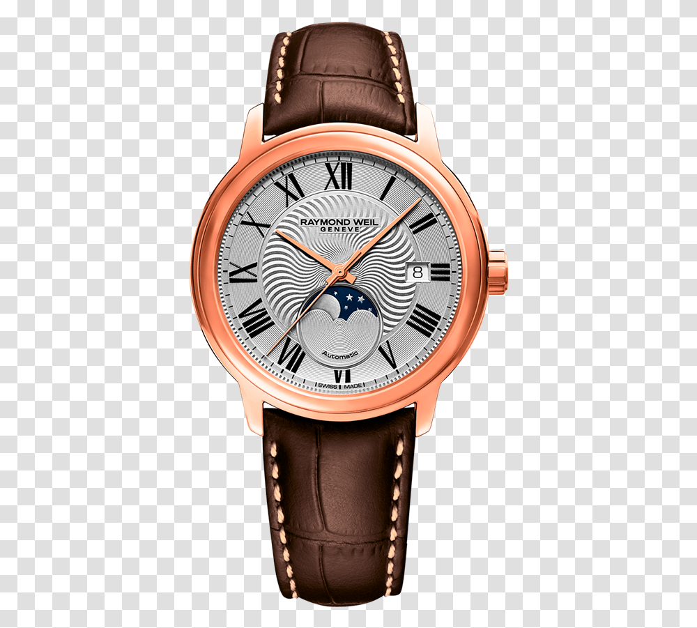 Moon Phase Brown Leather Mens Watch Raymond Weil Gold Moon Phase, Wristwatch, Clock Tower, Architecture, Building Transparent Png