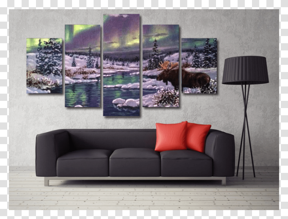 Moose Aurora Forest And Snow 5 Panel Wall Art Floral Design For Living Room Glass Paintings, Couch, Furniture, Canvas, Cushion Transparent Png