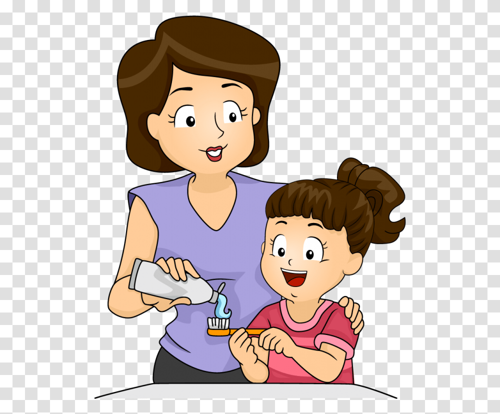 Mother And Kid Brushing Teeth Clipart Tooth Brushing Baby Teeth Cartoon, Person, Human, People, Nurse Transparent Png
