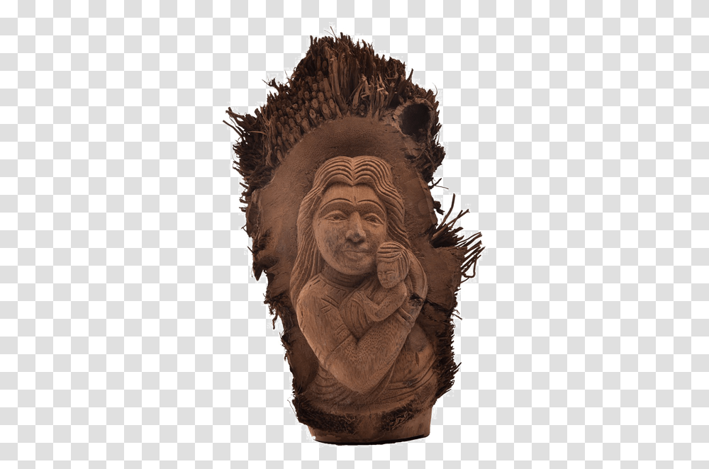 Mother Mary Holding Baby Jesus Carved On Bamboo Root Bust, Statue, Sculpture, Person Transparent Png