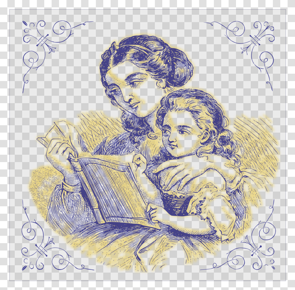 Mother Reading For Her Daughter 01 Clip Arts Mother And Daughter Image Free Download, Drawing, Person, Doodle Transparent Png