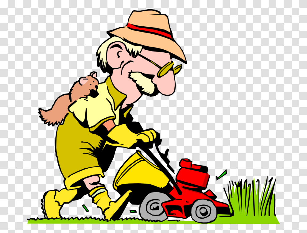 Mowing The Lawn With Lawn Mower, Person, Human, Hat Transparent Png