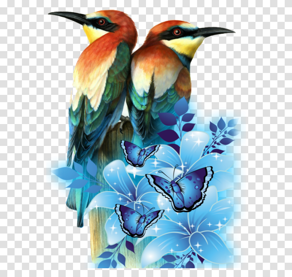 Mq Birds Parrots Flying Flowers Flower And Blue Butterfly, Animal, Bee Eater Transparent Png