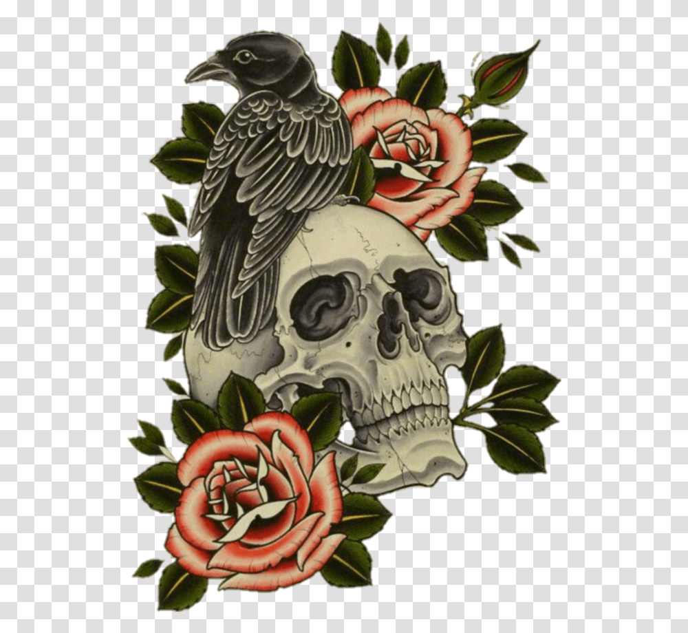 Mq Crow Skull Skulls Roses Skull With Flowers Tattoo, Plant, Bird, Animal, Tree Transparent Png