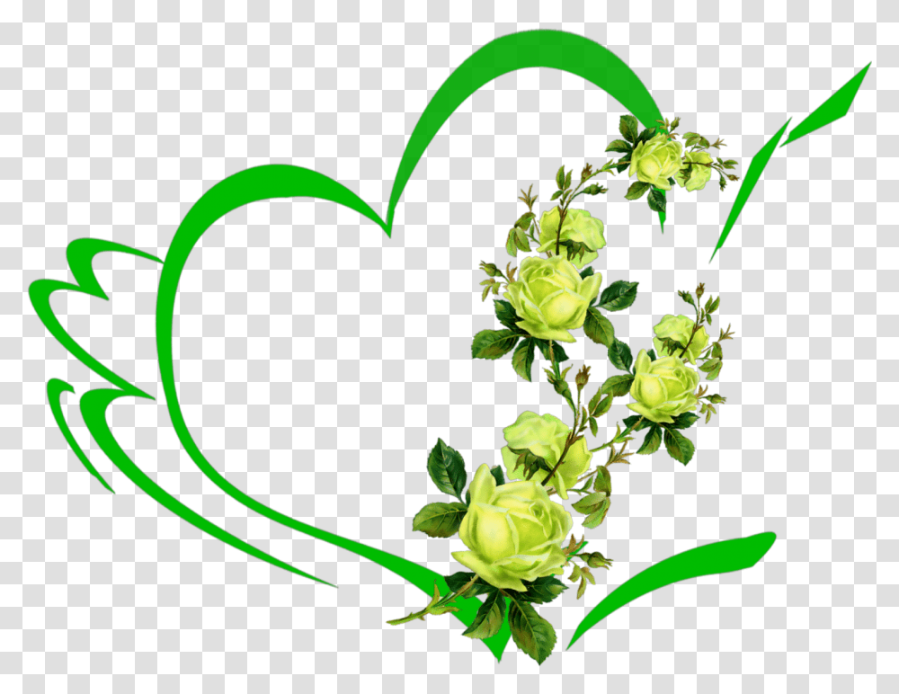 Mq Green Heart Hearts Flowers Flower Roses Illustration Buon Luned Con Il Cuore, Graphics, Plant, Floral Design, Pattern Transparent Png