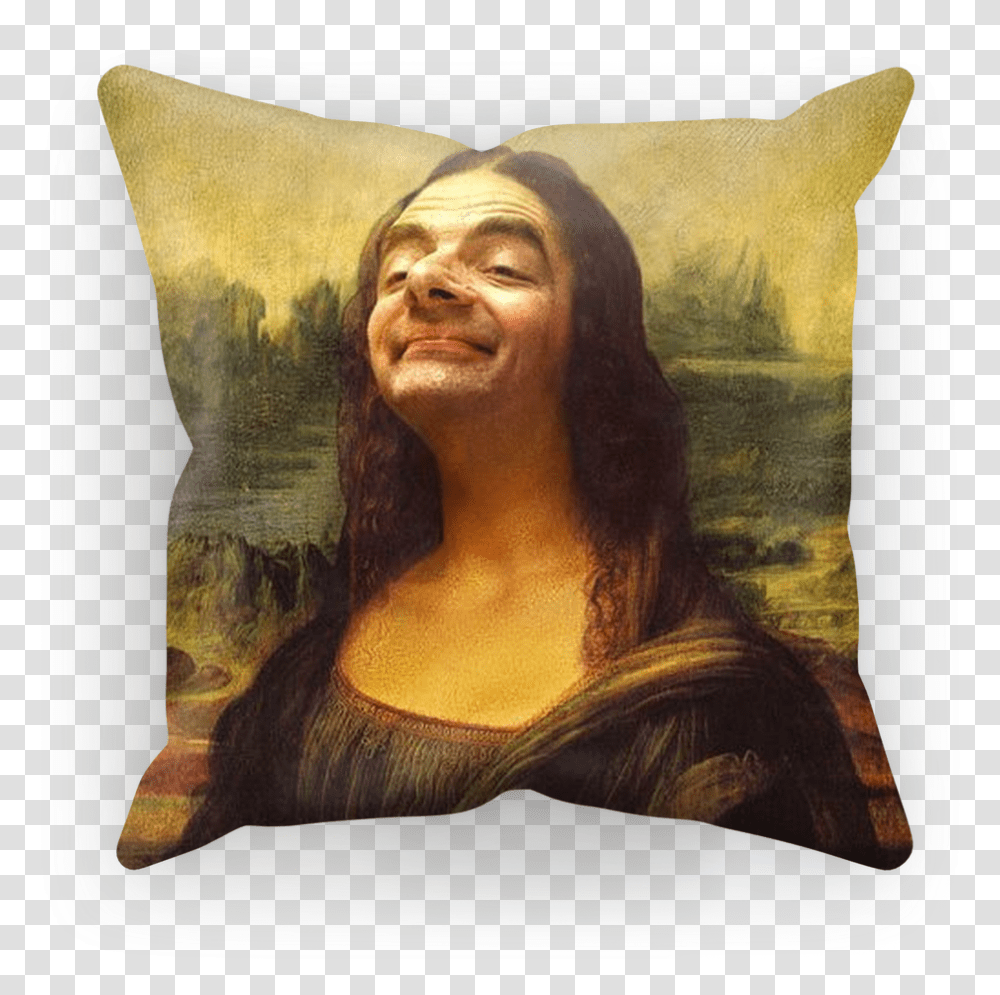 Mr Bean's Face On The Mona Lisa Sublimation Cushion Rowan Atkinson Mona Lisa, Pillow, Painting, Person Transparent Png