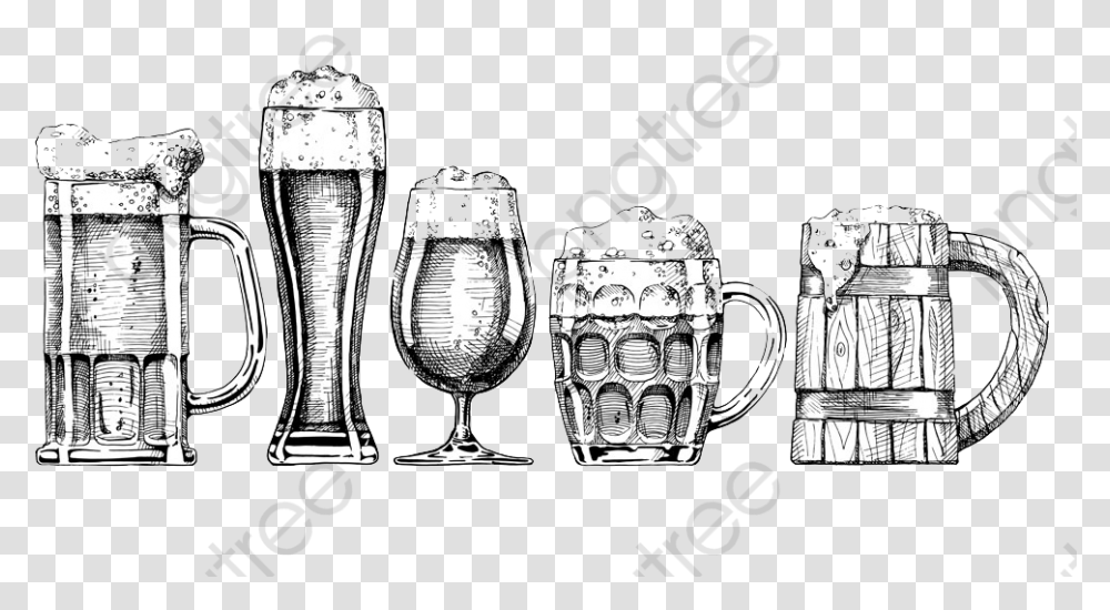 Mug Clipart Black And White Hand Drawn Beer Mug, Glass, Goblet, Wristwatch, Beverage Transparent Png