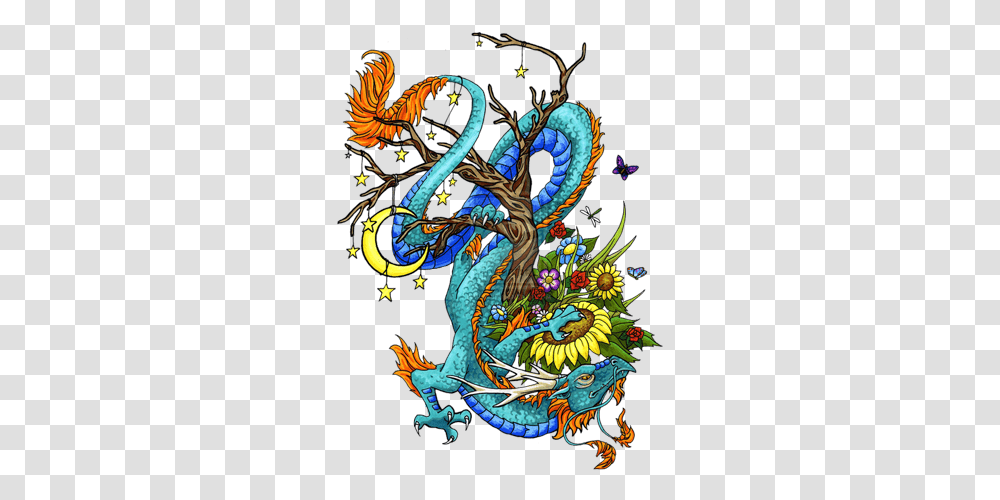 Multicolor Asian Dragon With Flowers And Moon Tattoo Design Dragon Tattoo Designs, Painting, Art,  Transparent Png
