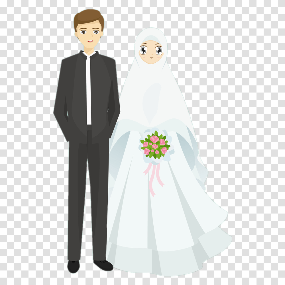 Muslimcouple Cartoon Hijab Wedding Couple, Person, Robe, Fashion Transparent Png