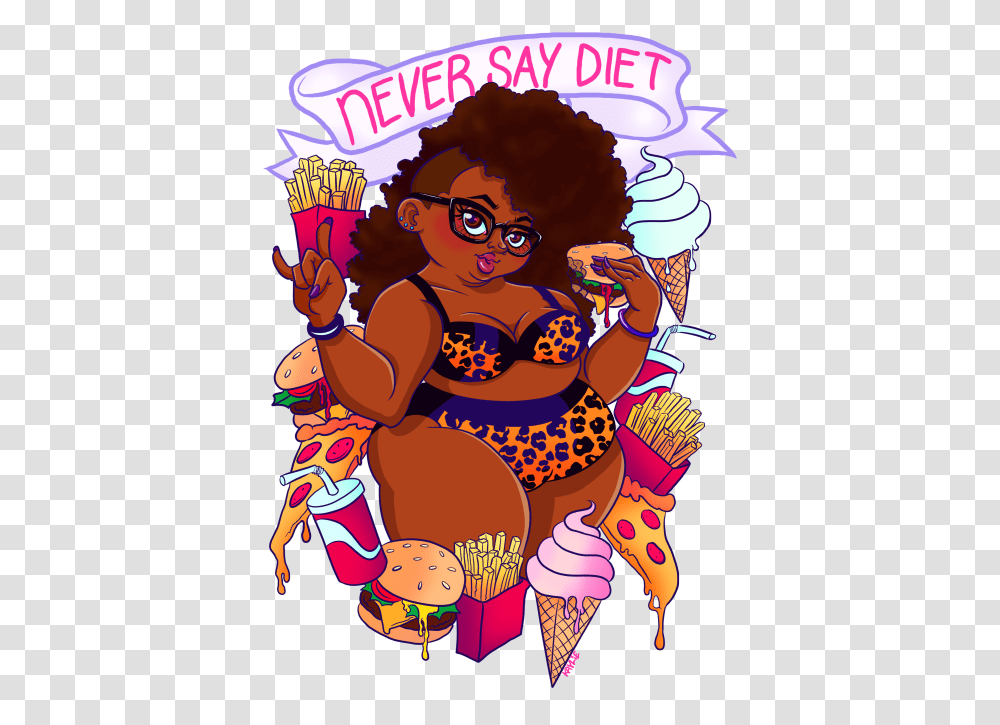 My Art Fat Tattoo Pizza Banner Pin Up Fries Junk Food Fat Black Girl Cartoon, Person, Leisure Activities, Circus, Crowd Transparent Png