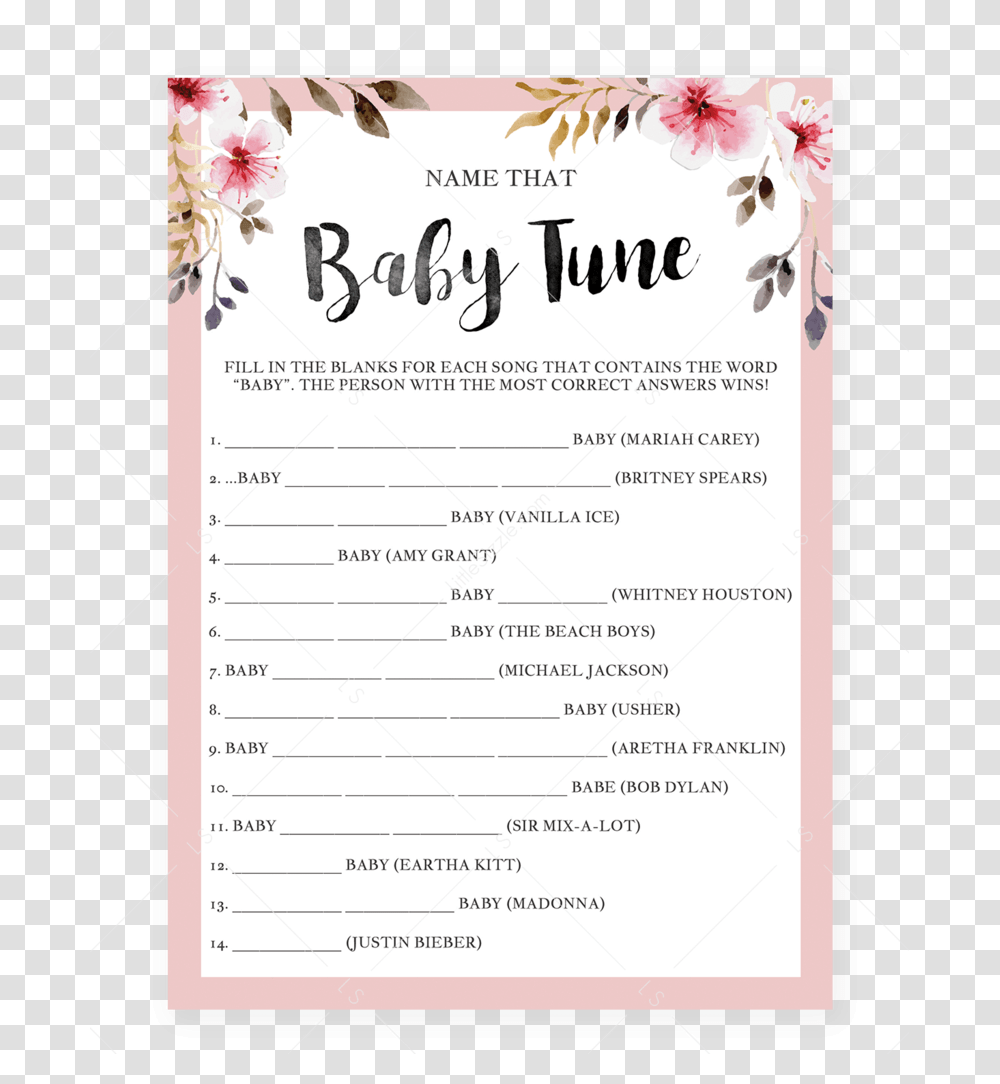 Name That Tune Baby Shower Game With Pink Flowers By Would She Rather Baby Shower Game, Page, Flyer, Poster Transparent Png