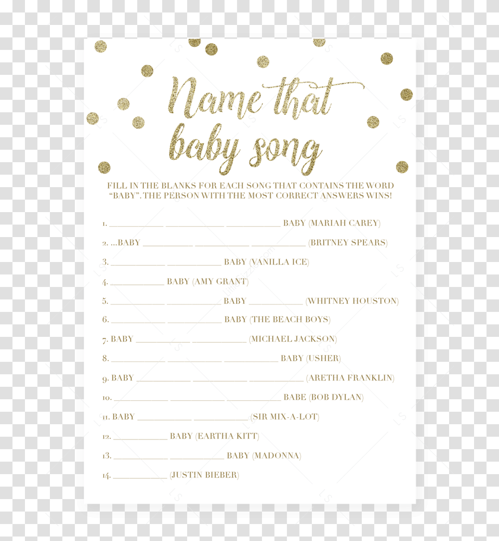 Name The Baby Song Shower Game With Gold Confetti Document, Text, Page, Menu, Flyer Transparent Png