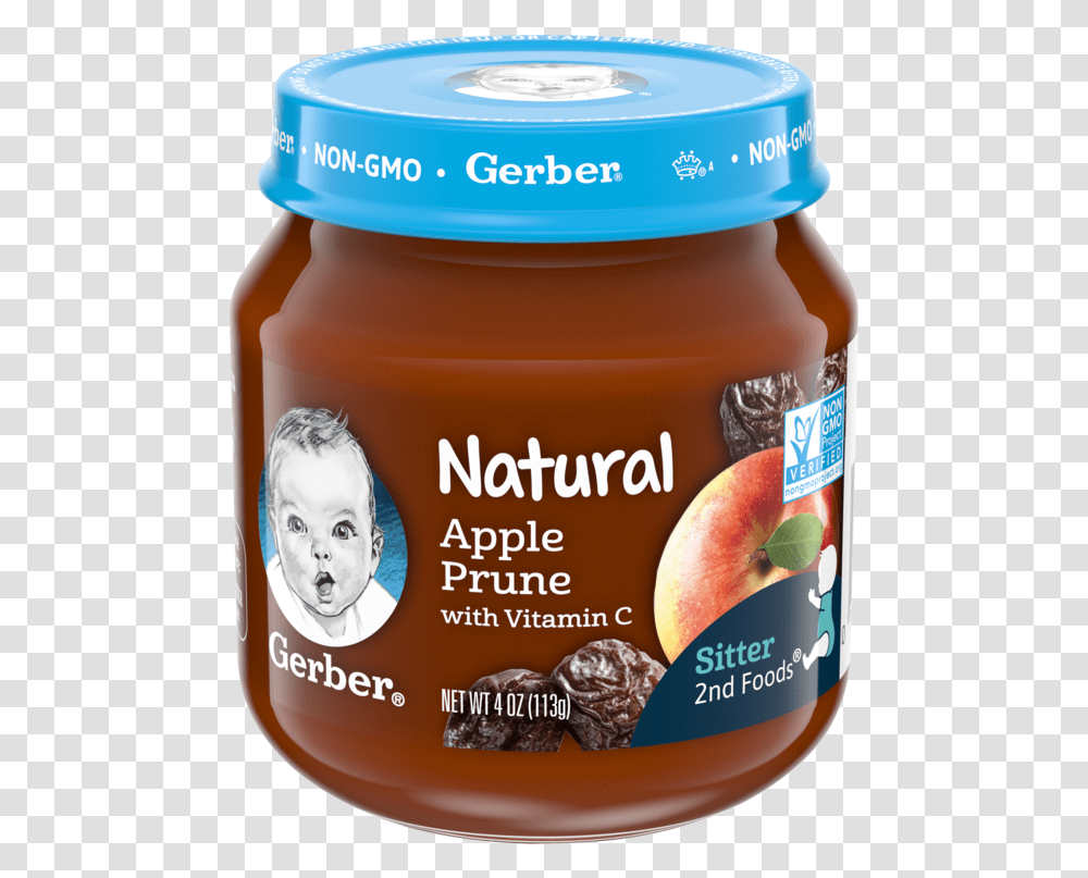 Natural 2nd Foods Apple Prune Puree Gerber Baby Food, Label, Text, Plant, Person Transparent Png