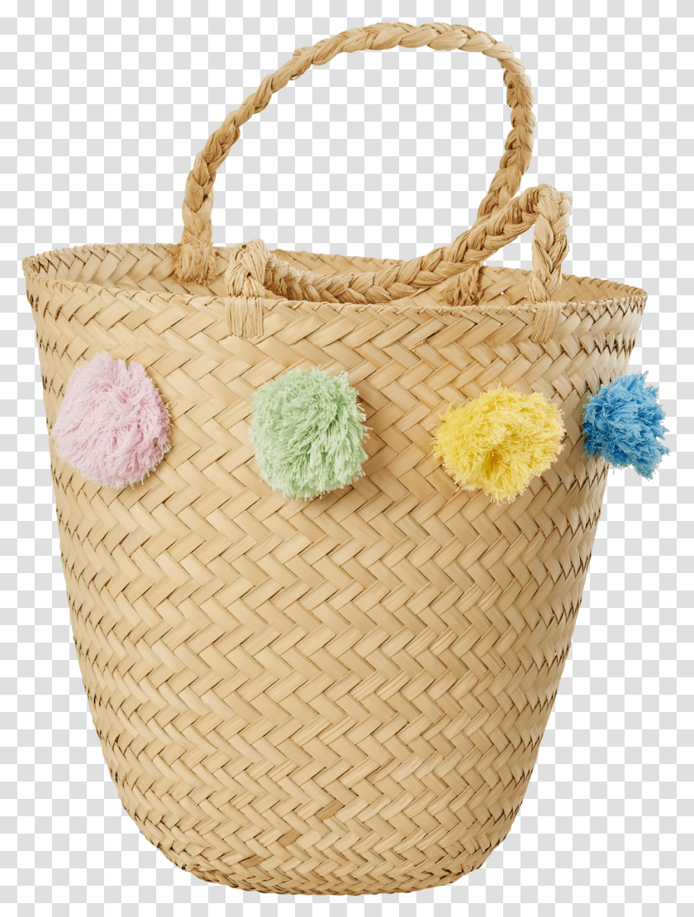 Natural Raffia Beach Bag With Pom Poms Download, Basket, Rug, Woven, Tote Bag Transparent Png