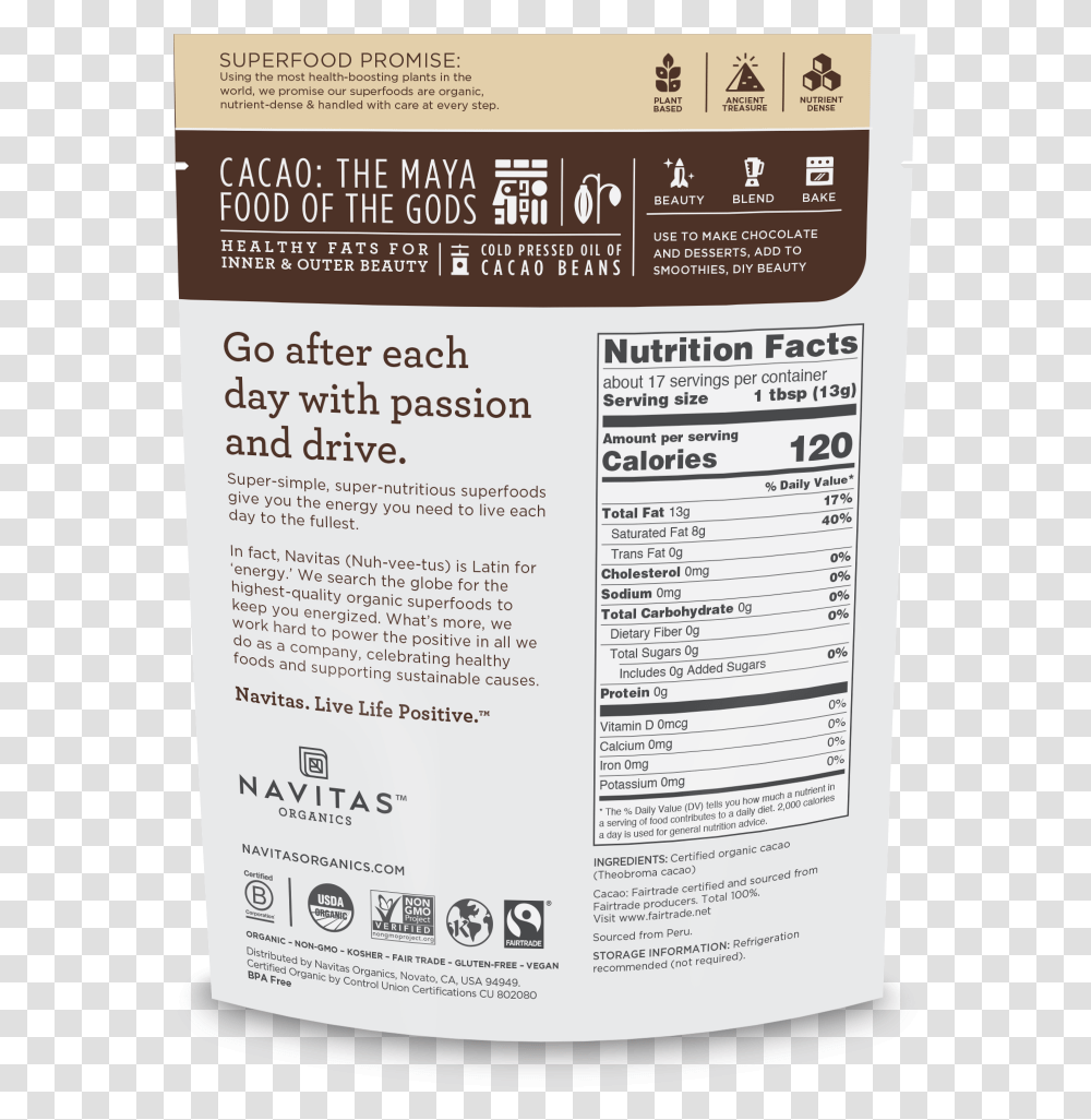 Navitas Cacao Powder Nutrition, Label, Menu, Advertisement Transparent Png