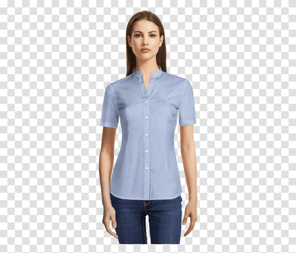 Navy Blue Micropattern Short Sleeved Banded Collar Camisa De Mujer Cuello Mao, Apparel, Shirt, Person Transparent Png
