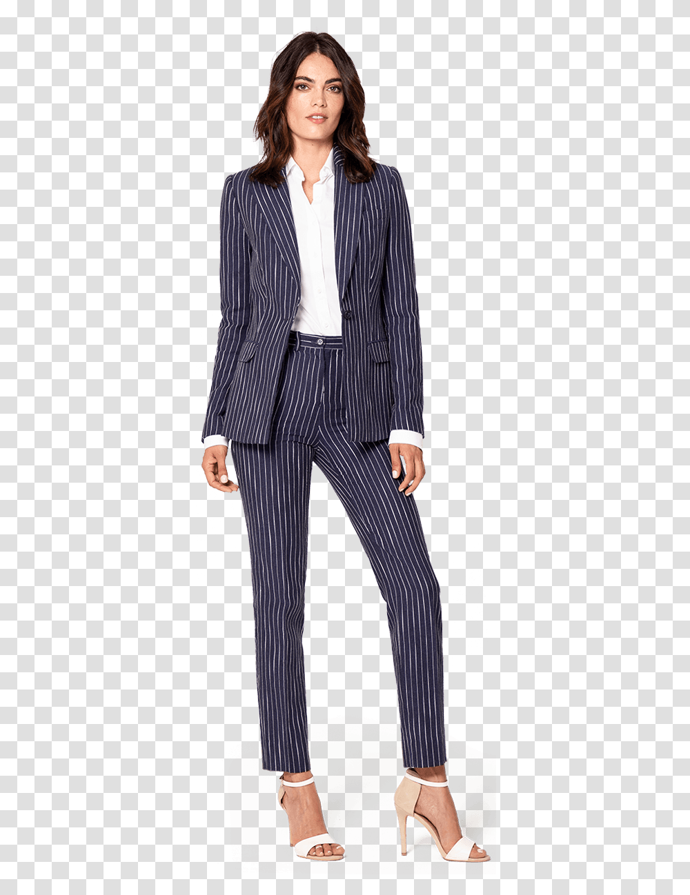 Navy Blue Striped Linen Business Suitdata Width Womens Fitted Pant Suit, Apparel, Overcoat, Person Transparent Png