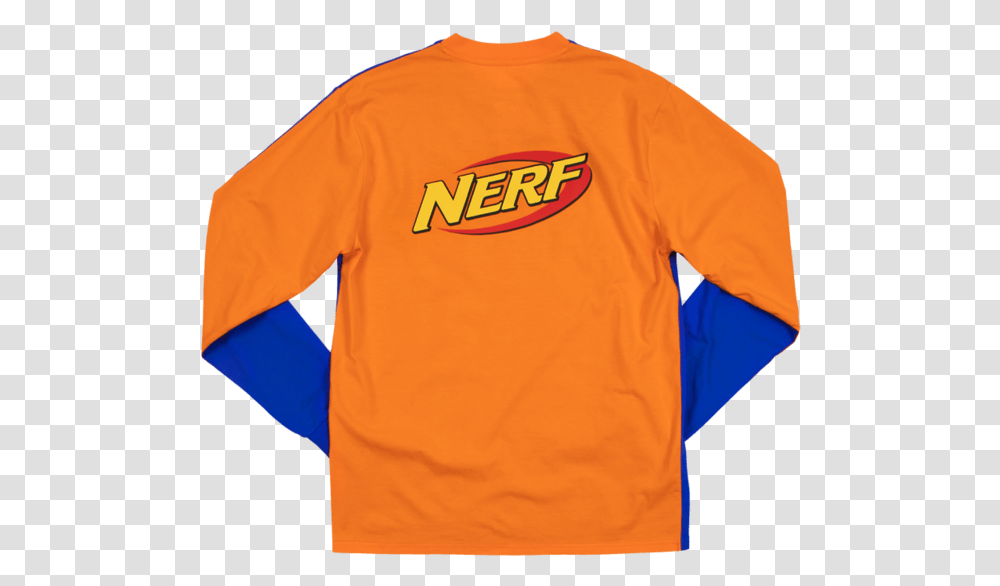 Nerf 5050 Blue & Orange Long Sleeve Tee Logo, Clothing, Apparel, Shirt, Person Transparent Png