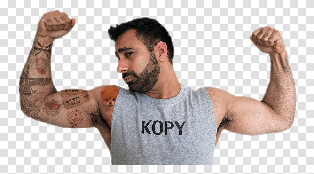 Neville Tatoos Flexing People With One Tattoo, Face, Person, Skin, Beard Transparent Png