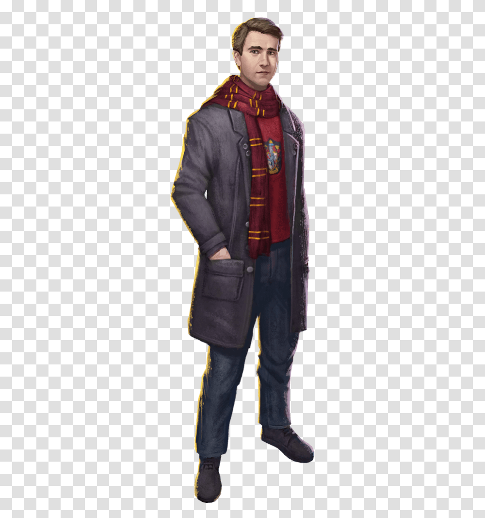Neville Wearing A Red Shirt And Long Coat With A Gryffindor Pocket, Apparel, Overcoat, Person Transparent Png