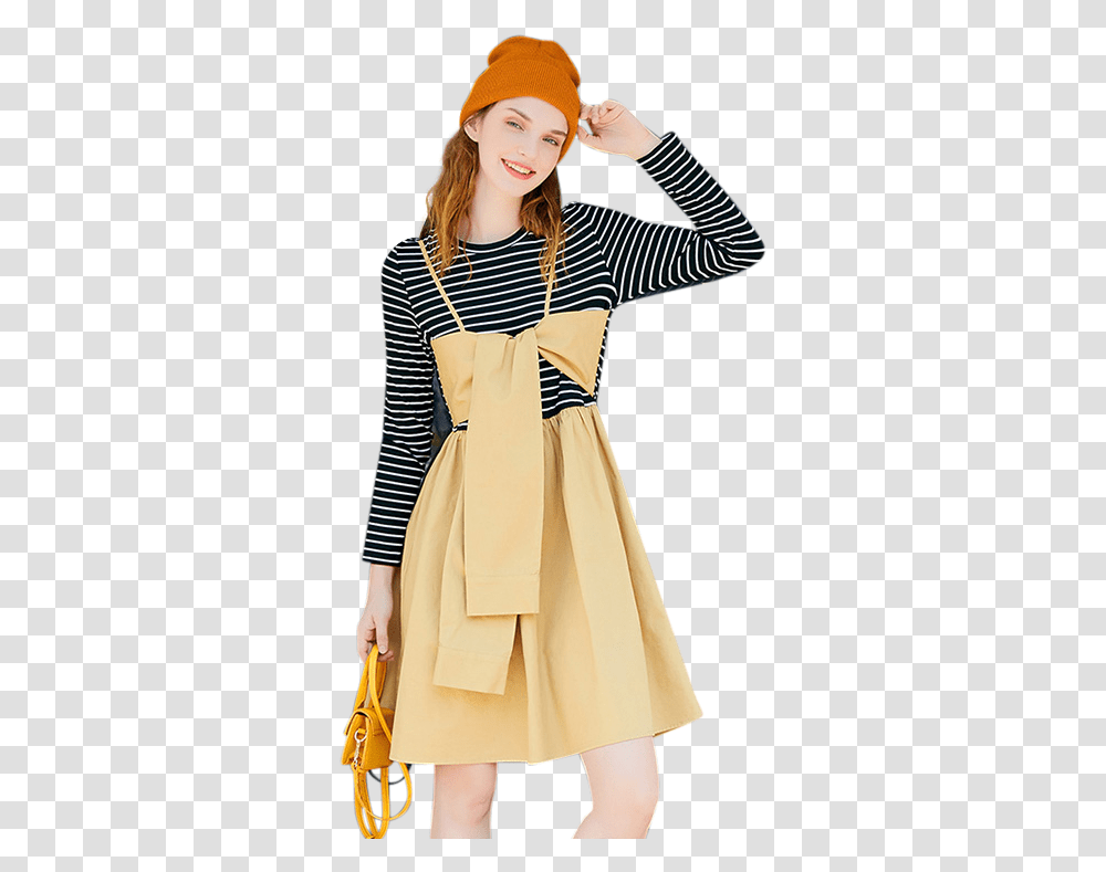 New Design Women Fake Two Striped Dress T Shirt Clothing Costume, Person, Female, Sleeve, Face Transparent Png