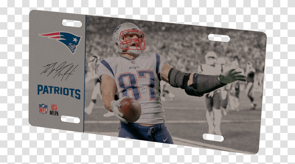 New England Patriots Rob Gronkowski Metal Photo New Kick American Football, Clothing, Apparel, Helmet, Person Transparent Png