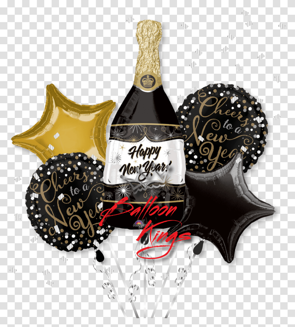 New Year Champagne Bottle Bouquet Champagne Bottle Balloon, Alcohol, Beverage, Label Transparent Png