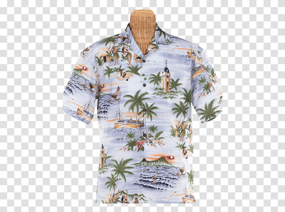 Newt S Retro Print Aloha Shirt With The Aloha Tower Hawaiian Shirt Royal Hawaiian Hotel, Pattern, Potted Plant, Vase Transparent Png