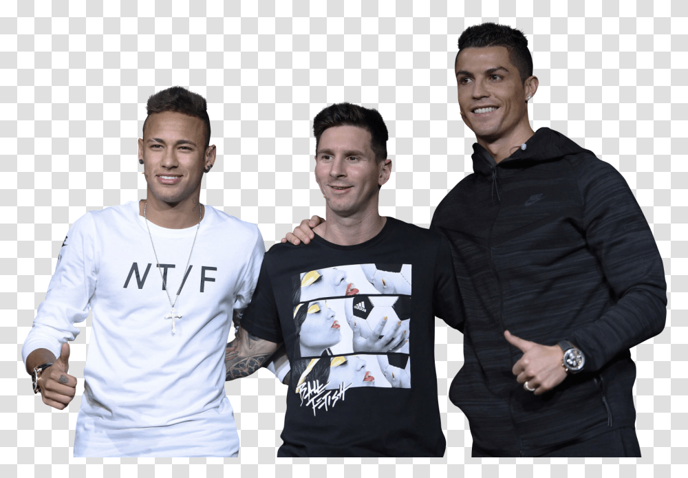 Neymar Lionel Messi & Cristiano Ronaldo Football Render Messi Neymar Ronaldo, Clothing, Apparel, Sleeve, Person Transparent Png